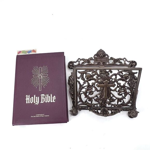 Ornate Brass Adjustable Bible Book Stand With Cross & Cherubs & New Bible - Picture 1 of 12